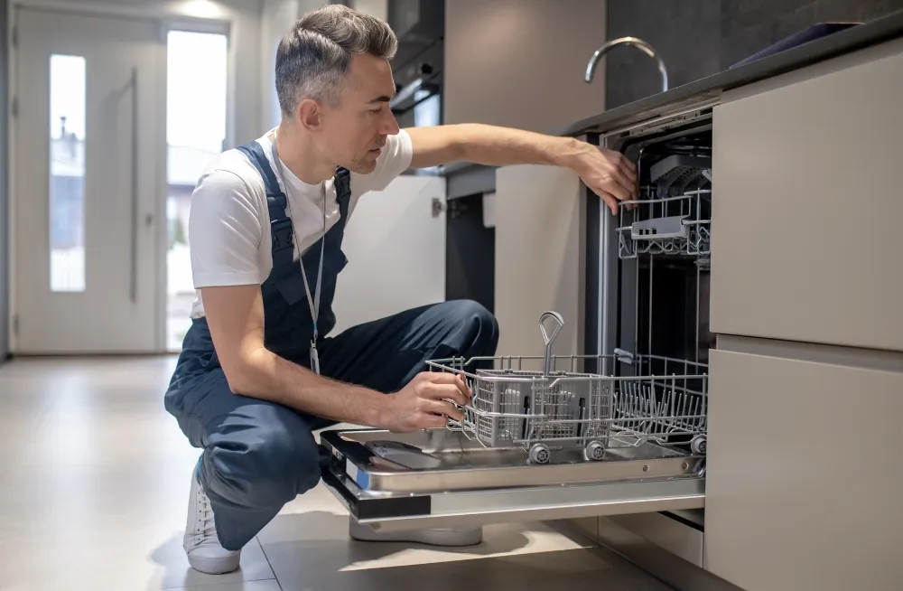 A man wearing coveralls kneels in a modern kitchen, inspecting the open racks of a dishwasher—showcasing professional Appliance Repair in Oakland CA. Natural light filters through a door in the background as he checks or repairs the appliance.