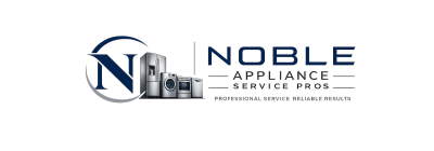 Logo for Noble Appliance Service Pros featuring a large N with images of appliances (fridge, washer, stove, dryer), the tagline "Professional Service Reliable Results," and highlighting Appliance Repair in Oakland CA.